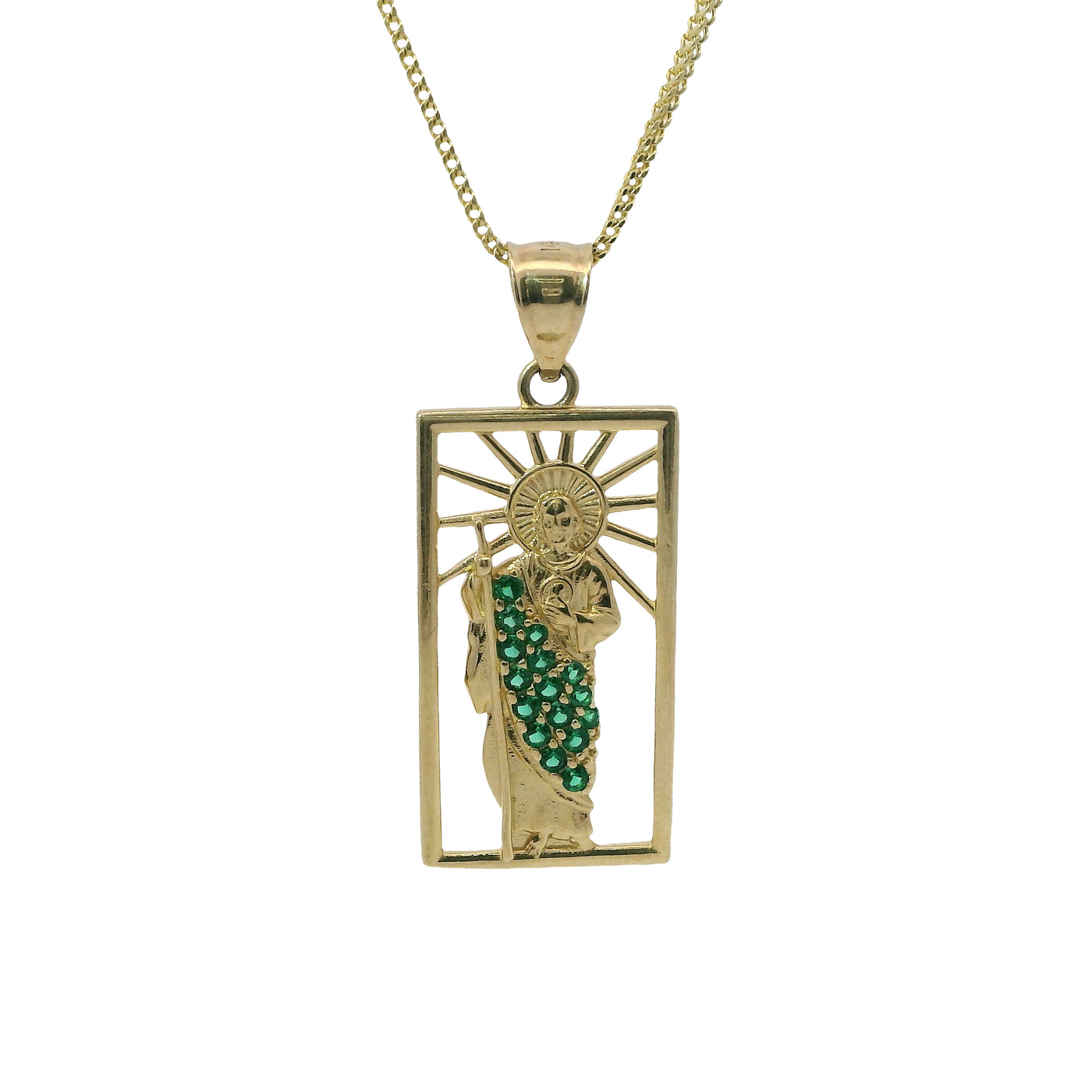 14KT Gold Charm Large Open Rectangle St Jude Center with Green CZ Stones Robe and Plain Bell