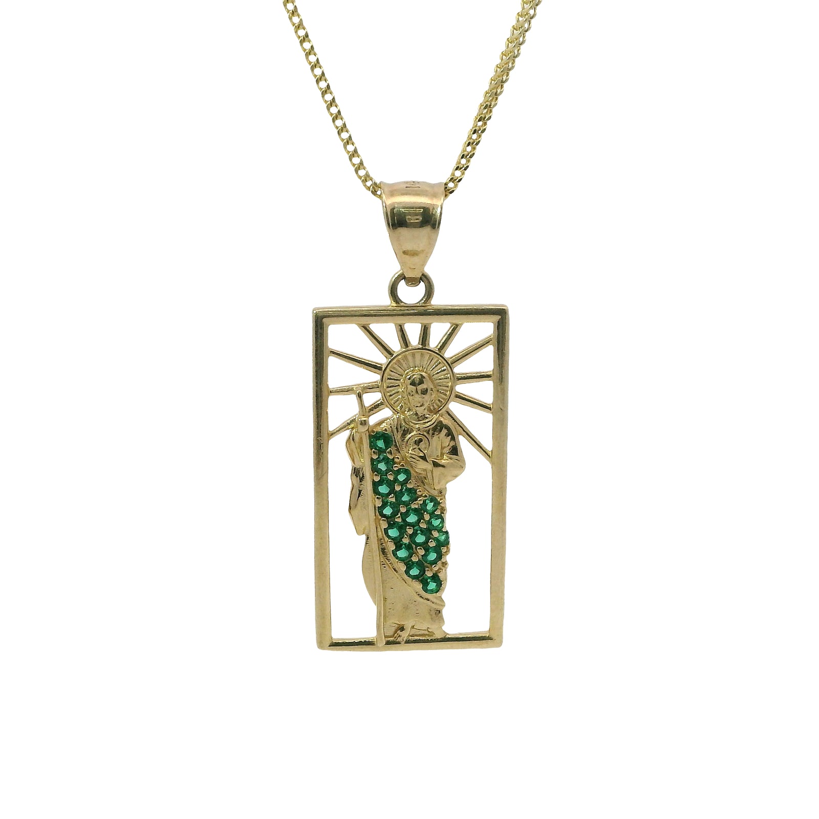 14KT Gold Charm Large Open Rectangle St Jude Center with Green CZ Stones Robe and Plain Bell