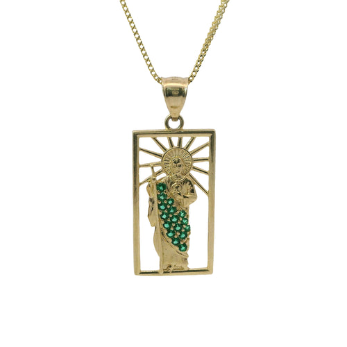 14KT Gold Charm Large Open Rectangle St Jude Center with Green CZ Stones Robe and Plain Bell