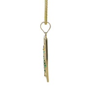 14KT Gold Charm Large Open Rectangle St Jude Center with Green CZ Stones Robe and Plain Bell