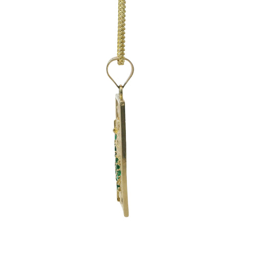14KT Gold Charm Large Open Rectangle St Jude Center with Green CZ Stones Robe and Plain Bell