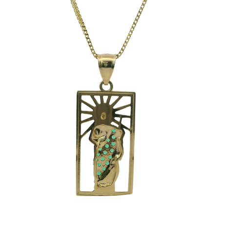 14KT Gold Charm Large Open Rectangle St Jude Center with Green CZ Stones Robe and Plain Bell