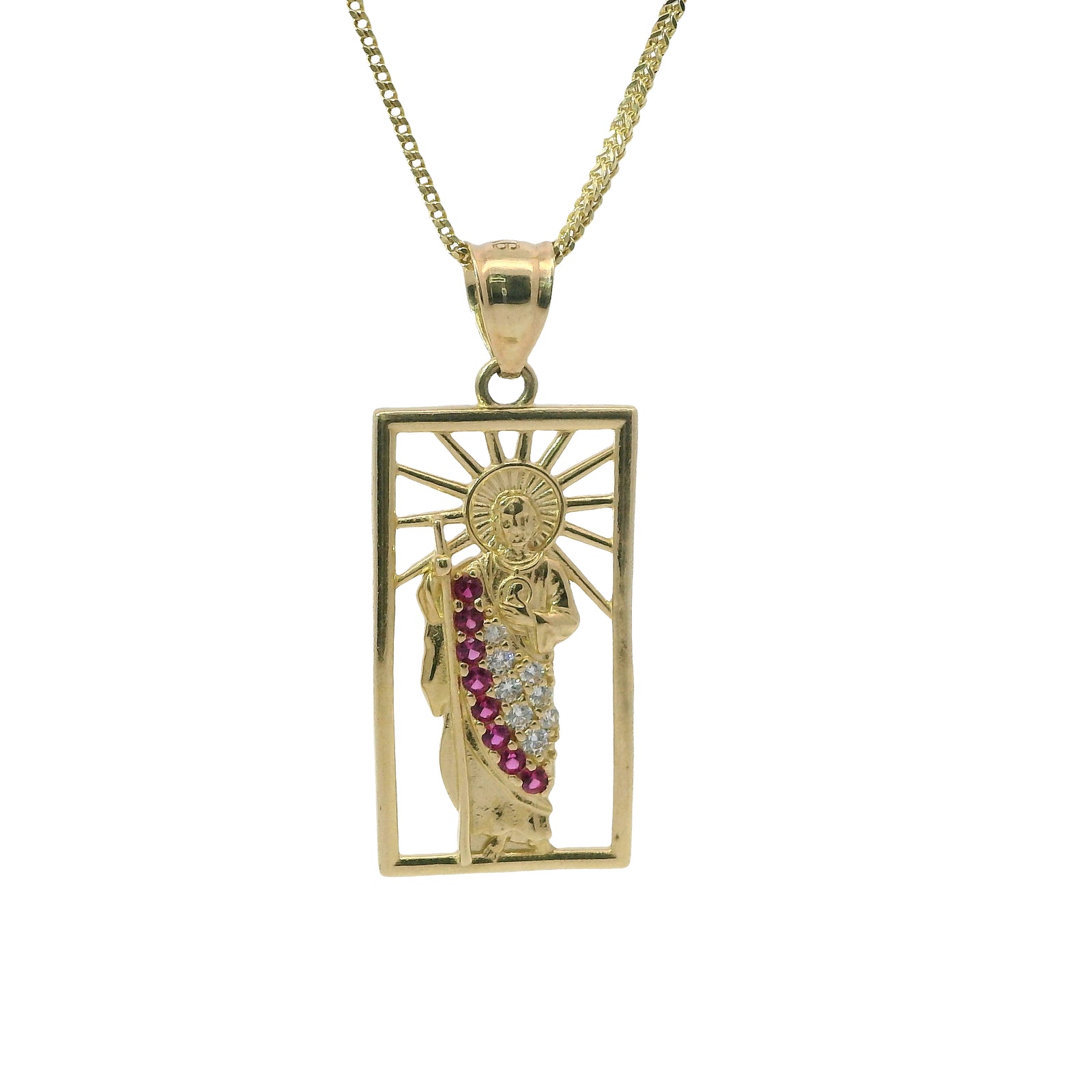 14KT Gold Charm Large Open Rectangle St Jude Center with Red and White CZ Stones Robe and Plain Bell
