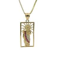 14KT Gold Charm Large Open Rectangle St Jude Center with Red and White CZ Stones Robe and Plain Bell