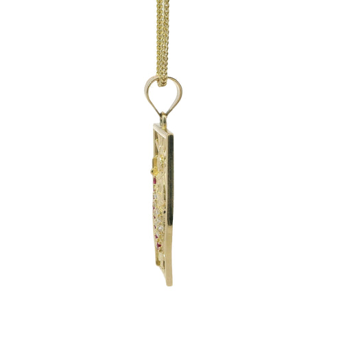 14KT Gold Charm Large Open Rectangle St Jude Center with Red and White CZ Stones Robe and Plain Bell