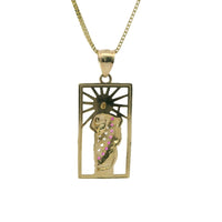14KT Gold Charm Large Open Rectangle St Jude Center with Red and White CZ Stones Robe and Plain Bell