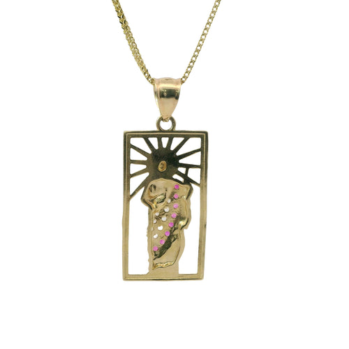 14KT Gold Charm Large Open Rectangle St Jude Center with Red and White CZ Stones Robe and Plain Bell