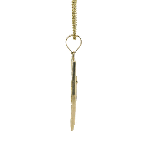 14KT Gold Charm Large Open Rectangle St Jude Center with Red and White CZ Stones Robe and Plain Bell
