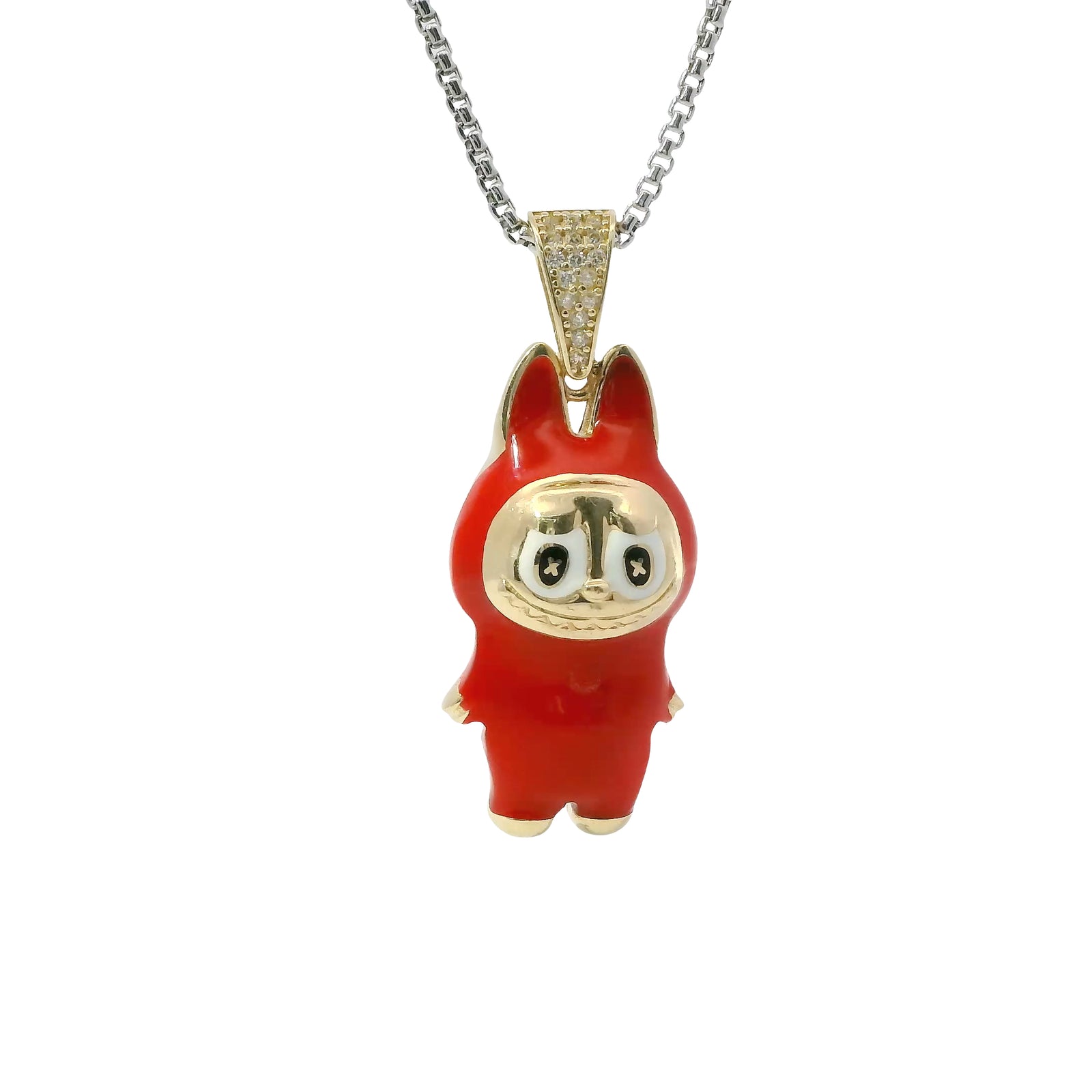 14KT Gold Charm Large 3D Red Enamel LaBuBu Body, White Enamel Eyes, and White CZ Stones Bell