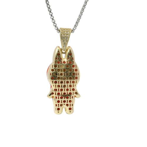 14KT Gold Charm Large 3D Red Enamel LaBuBu Body, White Enamel Eyes, and White CZ Stones Bell