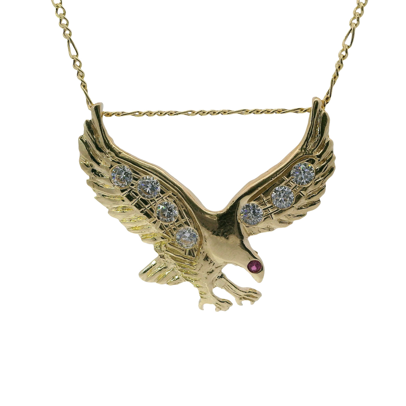 14KT Gold Charm Large Right Facing Soaring Eagle with Round White CZ Stones on Wings, Red CZ Stone Eye, and Plain Bell