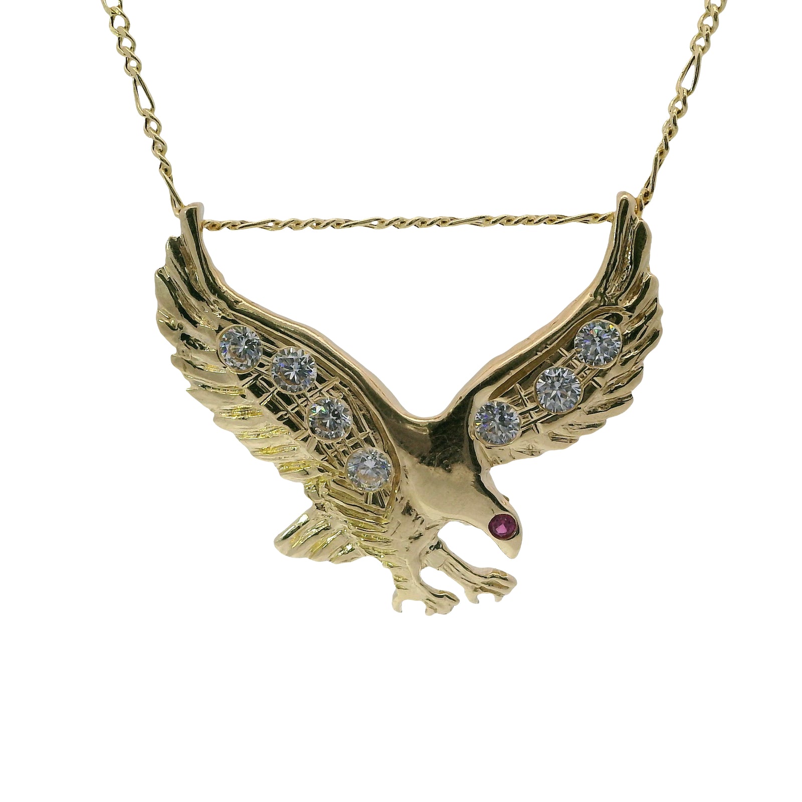 14KT Gold Charm Large Right Facing Soaring Eagle with Round White CZ Stones on Wings, Red CZ Stone Eye, and Plain Bell