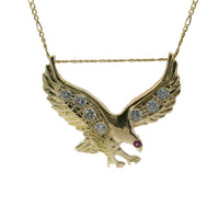 14KT Gold Charm Large Right Facing Soaring Eagle with Round White CZ Stones on Wings, Red CZ Stone Eye, and Plain Bell