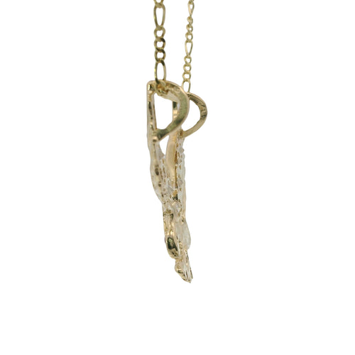 14KT Gold Charm Large Right Facing Soaring Eagle with Round White CZ Stones on Wings, Red CZ Stone Eye, and Plain Bell