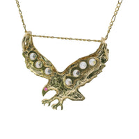 14KT Gold Charm Large Right Facing Soaring Eagle with Round White CZ Stones on Wings, Red CZ Stone Eye, and Plain Bell