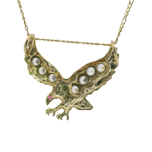 14KT Gold Charm Large Right Facing Soaring Eagle with Round White CZ Stones on Wings, Red CZ Stone Eye, and Plain Bell