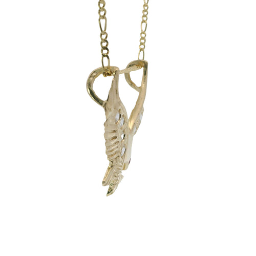 14KT Gold Charm Large Right Facing Soaring Eagle with Round White CZ Stones on Wings, Red CZ Stone Eye, and Plain Bell