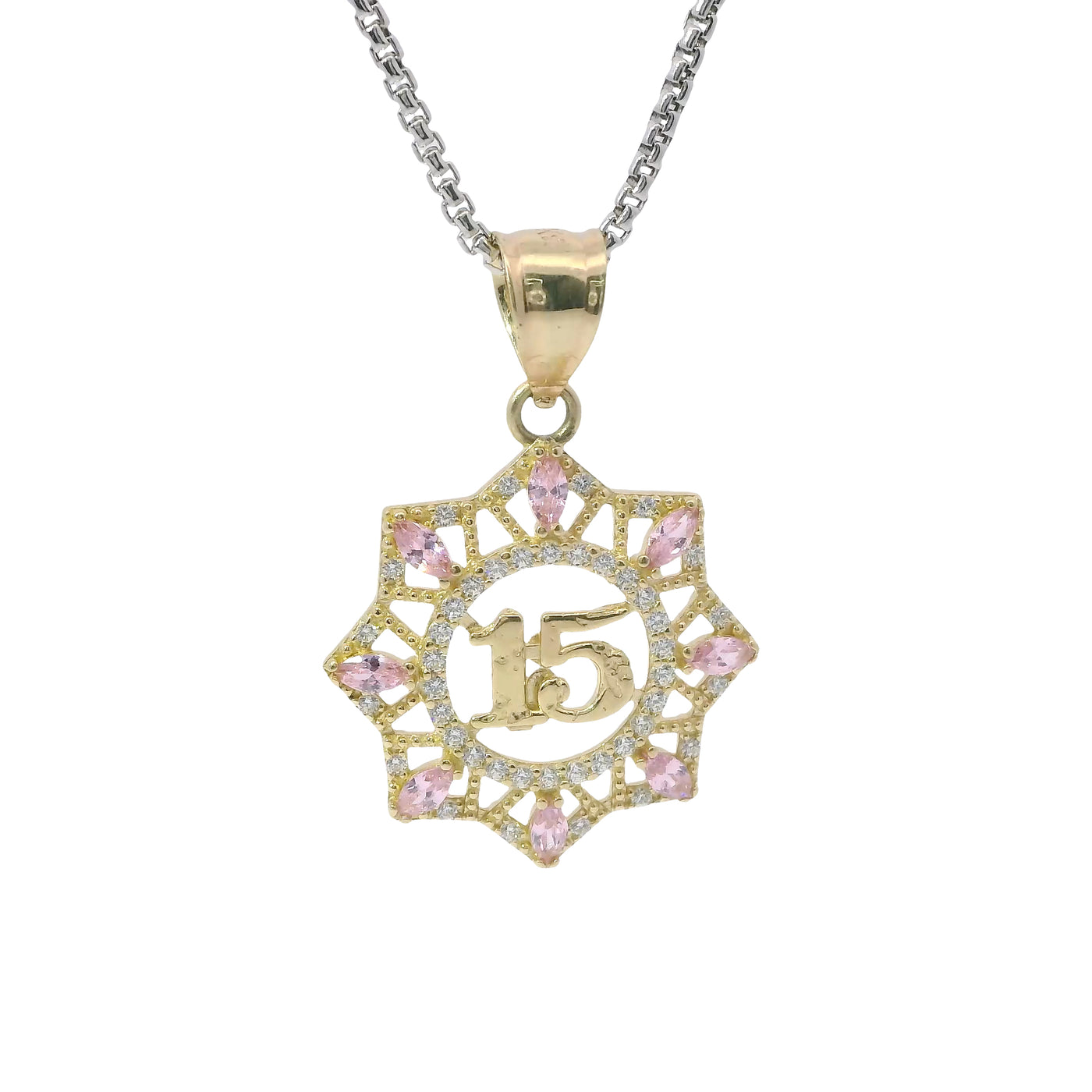 14KT Gold Charm Large Quinceanera "15" Open Webbed Wreath with Light Pink and White Round CZ Stones Border with Plain Bell