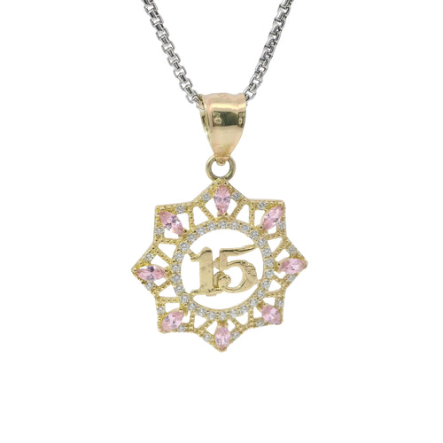 14KT Gold Charm Large Quinceanera "15" Open Webbed Wreath with Light Pink and White Round CZ Stones Border with Plain Bell