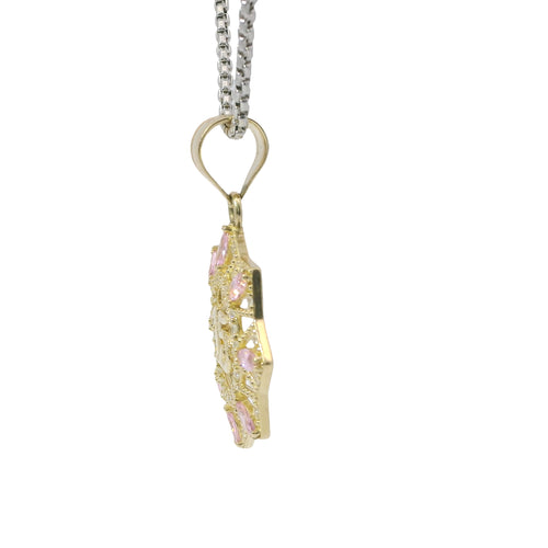 14KT Gold Charm Large Quinceanera "15" Open Webbed Wreath with Light Pink and White Round CZ Stones Border with Plain Bell