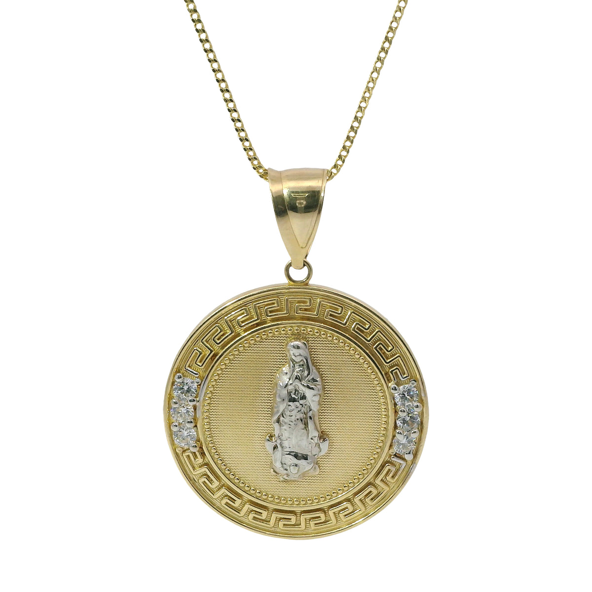 14KT Gold Charm Large Round Greek Two Tone Virgin Mary Coin with Six White CZ Stones Border and Plain Bell