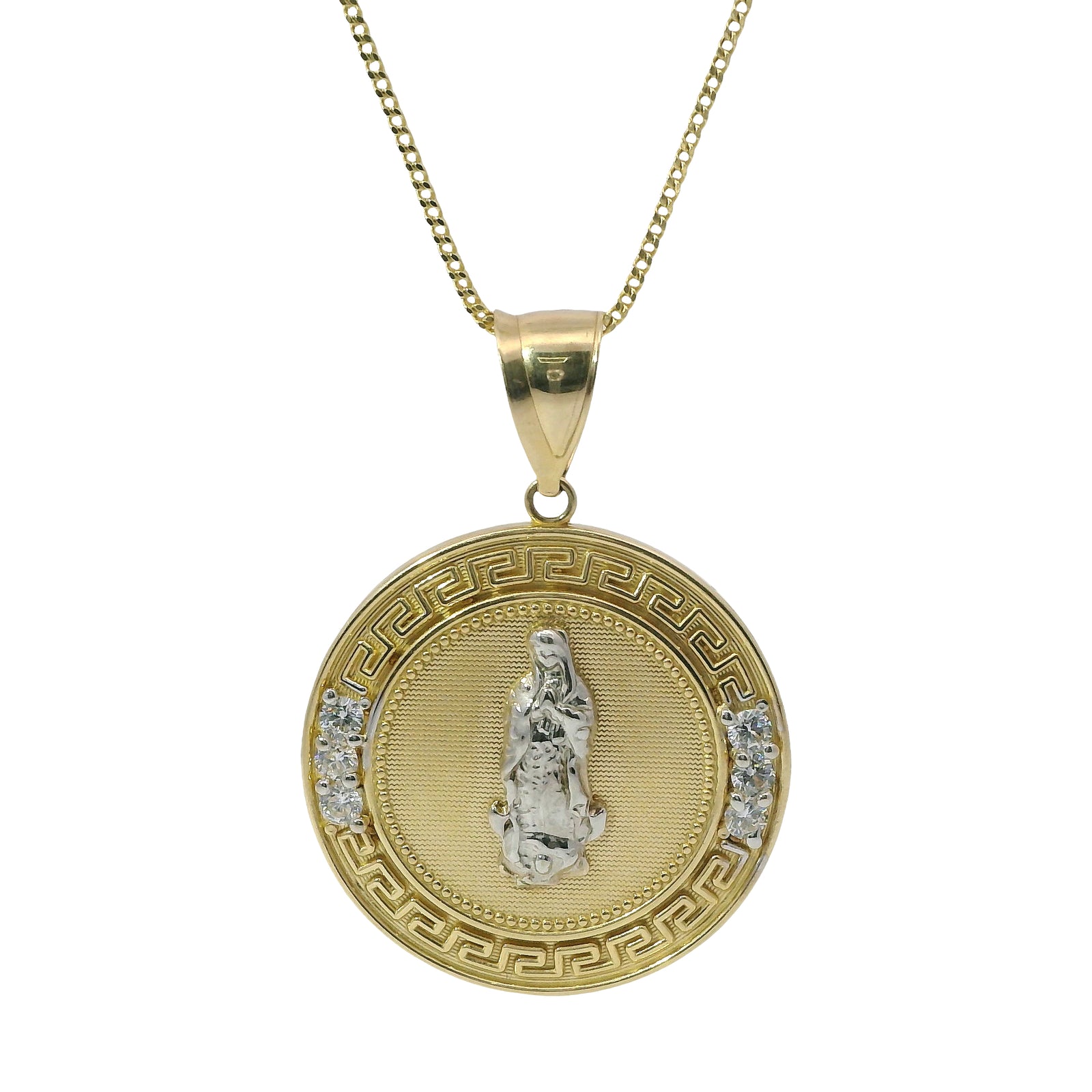 14KT Gold Charm Large Round Greek Two Tone Virgin Mary Coin with Six White CZ Stones Border and Plain Bell