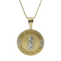 14KT Gold Charm Large Round Greek Two Tone Virgin Mary Coin with Six White CZ Stones Border and Plain Bell