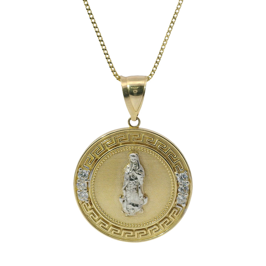 14KT Gold Charm Large Round Greek Two Tone Virgin Mary Coin with Six White CZ Stones Border and Plain Bell