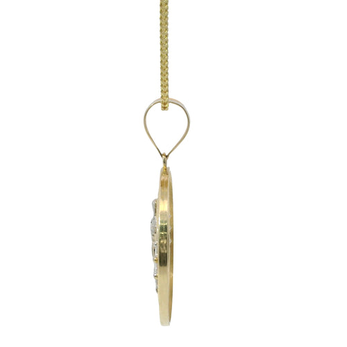 14KT Gold Charm Large Round Greek Two Tone Virgin Mary Coin with Six White CZ Stones Border and Plain Bell