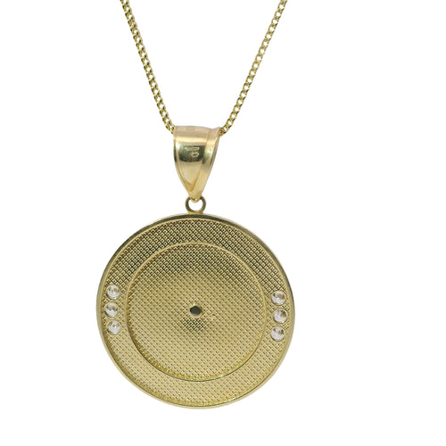 14KT Gold Charm Large Round Greek Two Tone Virgin Mary Coin with Six White CZ Stones Border and Plain Bell