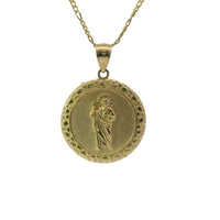 14KT Gold Charm Large Round St Jude Coin with Nugget Border and Plain Bell