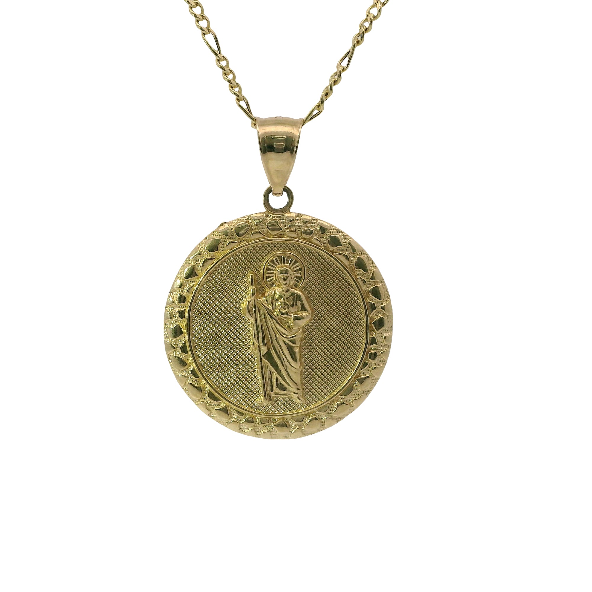 14KT Gold Charm Large Round St Jude Coin with Nugget Border and Plain Bell