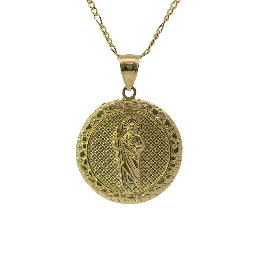 14KT Gold Charm Large Round St Jude Coin with Nugget Border and Plain Bell
