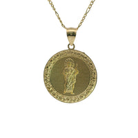 14KT Gold Charm Large Round St Jude Coin with Nugget Border and Plain Bell