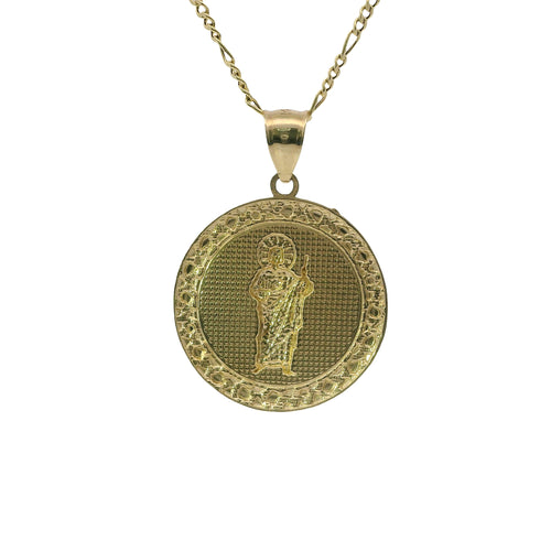 14KT Gold Charm Large Round St Jude Coin with Nugget Border and Plain Bell
