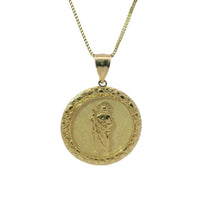 14KT Gold Charm Extra Large Round St Jude Coin Center with Nugget Border and Plain Bell