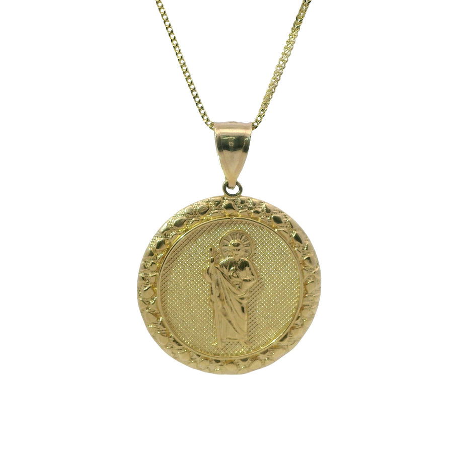 14KT Gold Charm Extra Large Round St Jude Coin Center with Nugget Border and Plain Bell