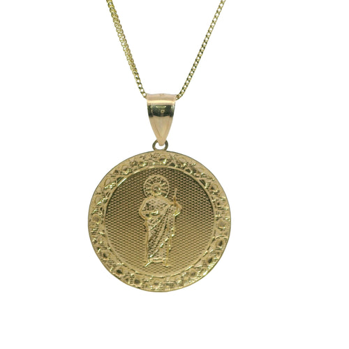 14KT Gold Charm Extra Large Round St Jude Coin Center with Nugget Border and Plain Bell