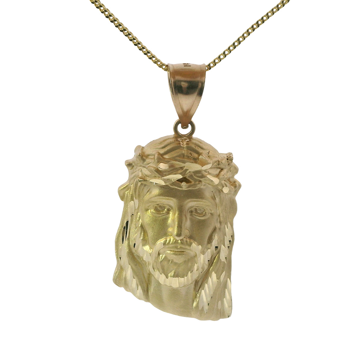 14KT Gold Charm Large Diamond Cut Slant Bottom Jesus Head Front Portrait with Plain Bell