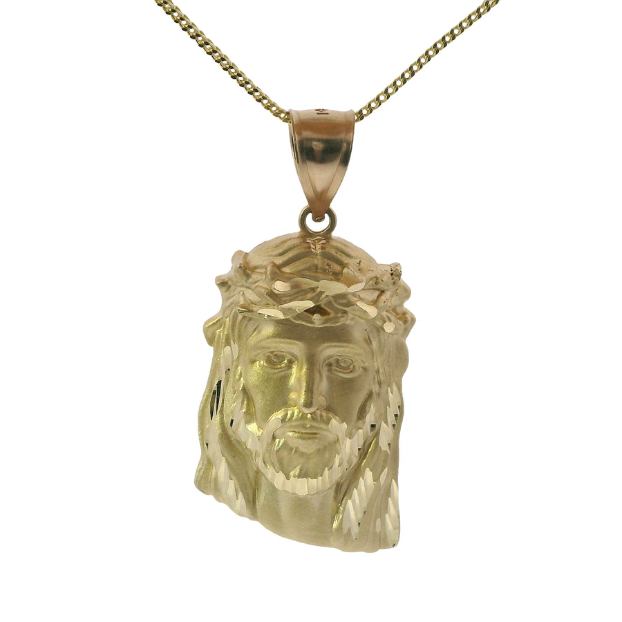 14KT Gold Charm Large Diamond Cut Slant Bottom Jesus Head Front Portrait with Plain Bell