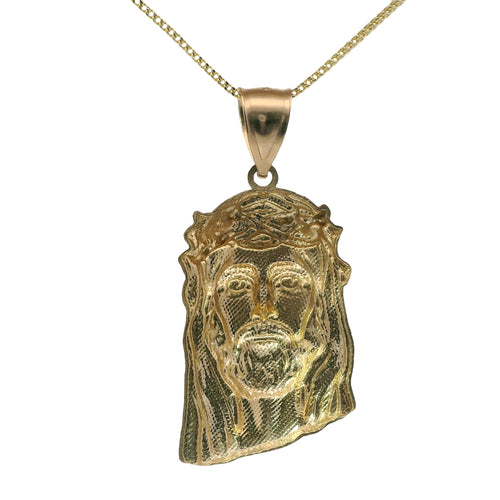 14KT Gold Charm Large Diamond Cut Slant Bottom Jesus Head Front Portrait with Plain Bell