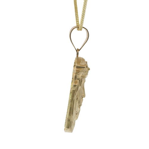 14KT Gold Charm Large Diamond Cut Slant Bottom Jesus Head Front Portrait with Plain Bell