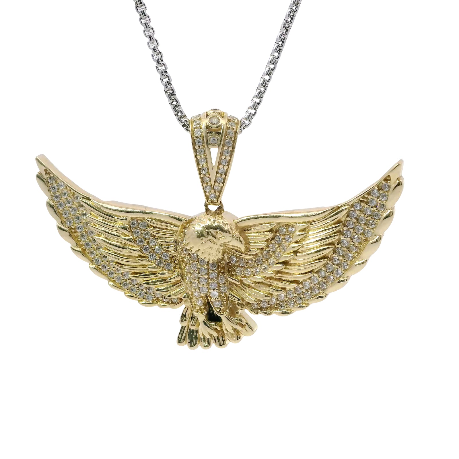 14KT Gold Charm Large 3D Spread Wing Eagle with White CZ Stones Wings and Bell