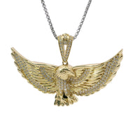 14KT Gold Charm Large 3D Spread Wing Eagle with White CZ Stones Wings and Bell