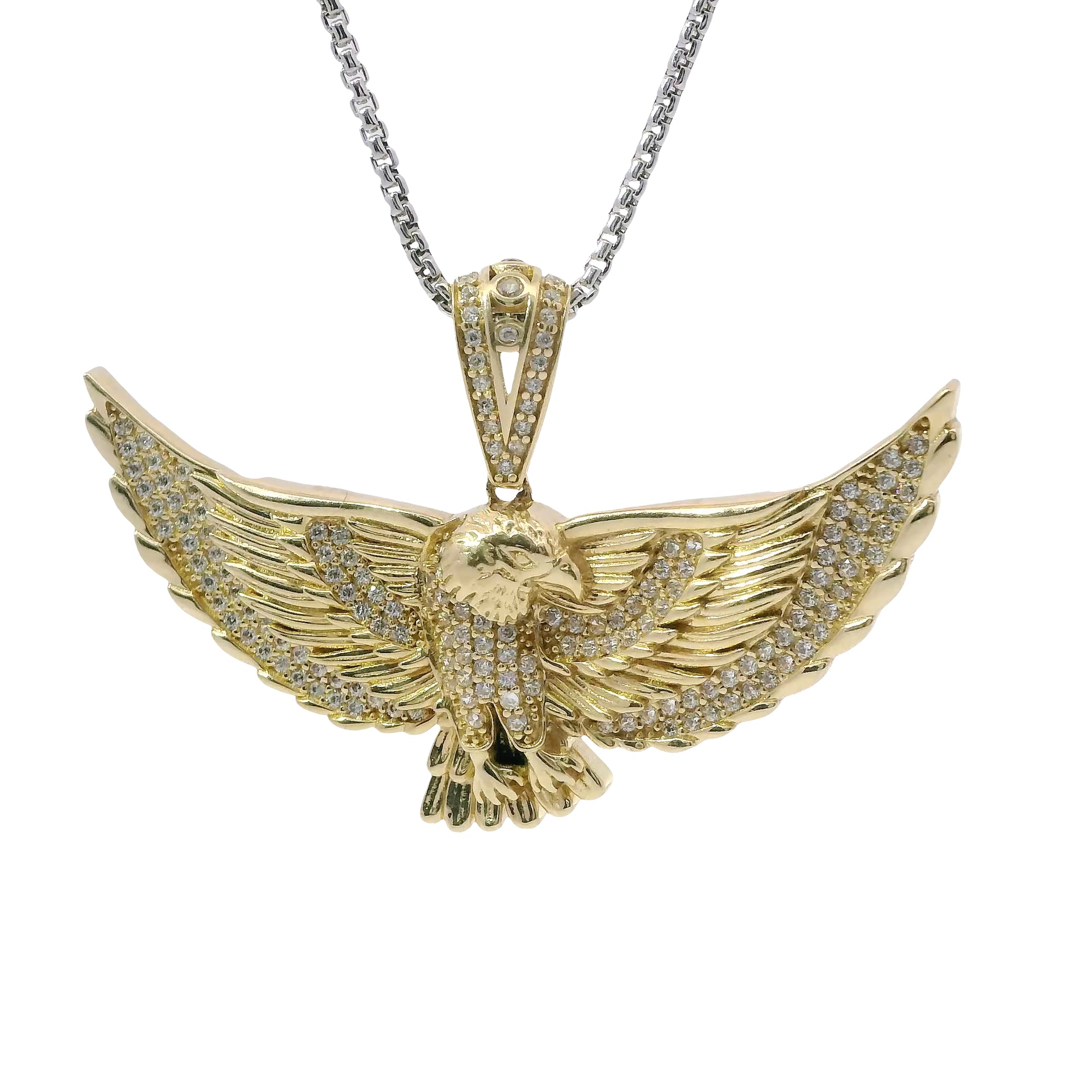 14KT Gold Charm Large 3D Spread Wing Eagle with White CZ Stones Wings and Bell