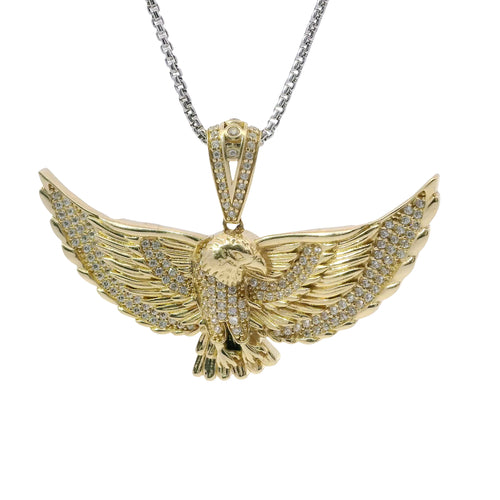 14KT Gold Charm Large 3D Spread Wing Eagle with White CZ Stones Wings and Bell