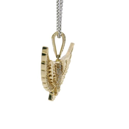 14KT Gold Charm Large 3D Spread Wing Eagle with White CZ Stones Wings and Bell