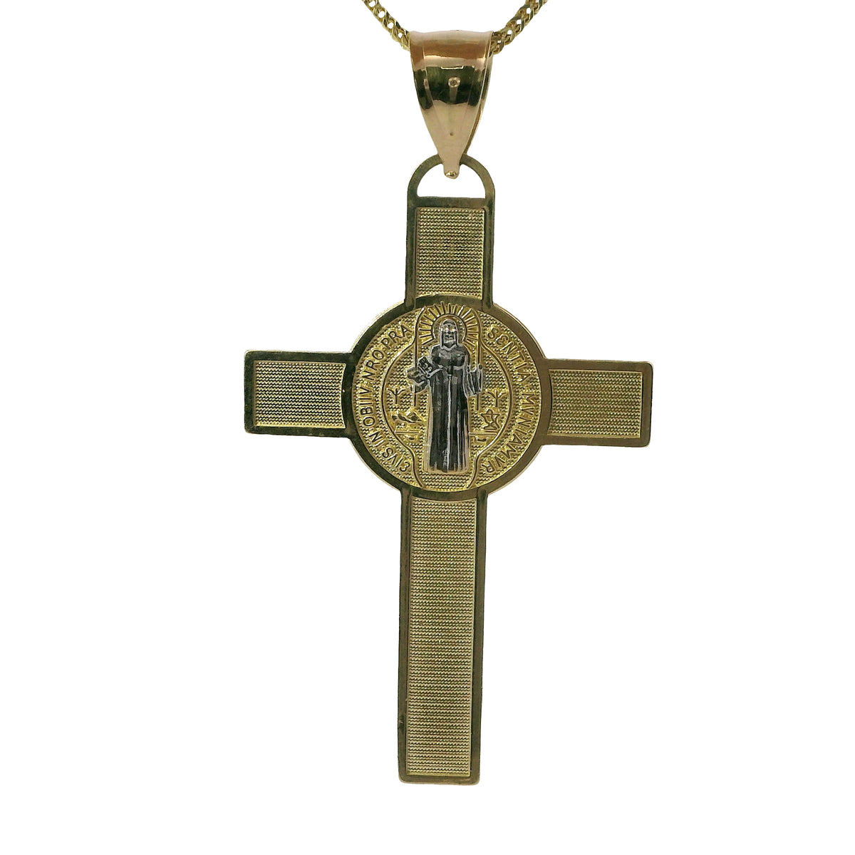 14KT Gold Charm Large Two Tone St Benedict Coin Center Cross with Plain Bell