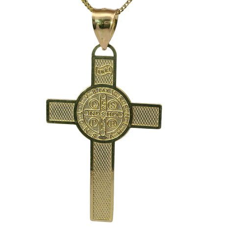 14KT Gold Charm Large Two Tone St Benedict Coin Center Cross with Plain Bell