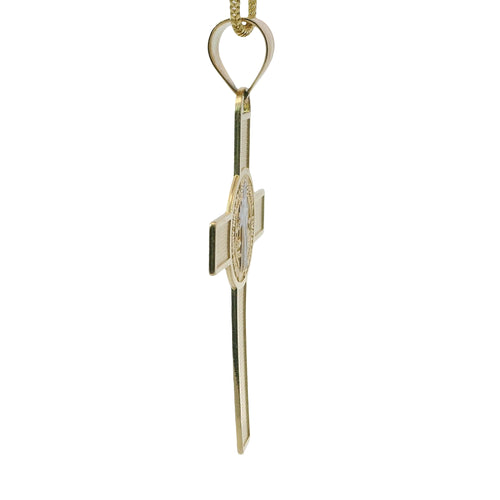 14KT Gold Charm Large Two Tone St Benedict Coin Center Cross with Plain Bell